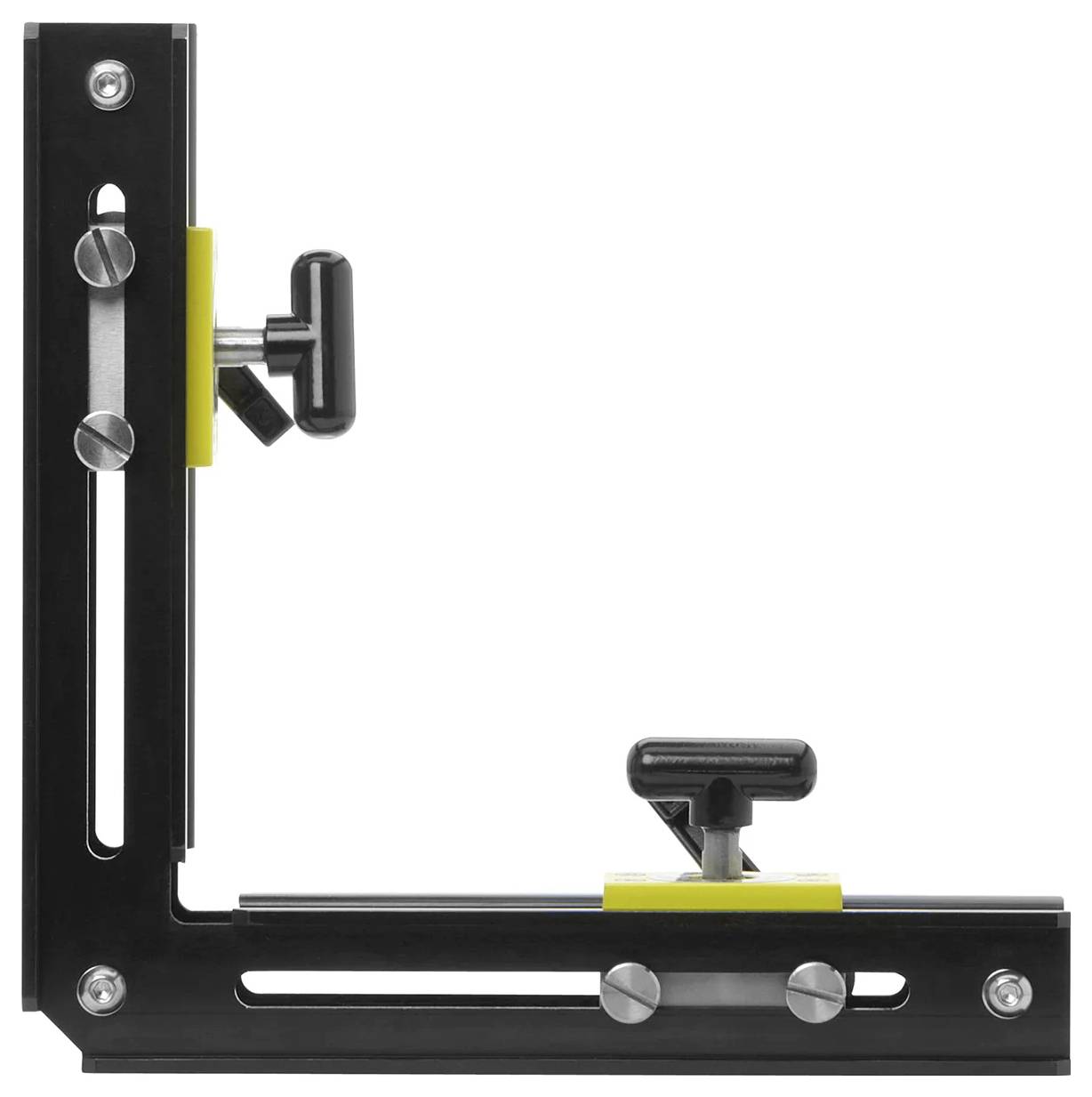 Eine Metallhalterung in L-Form mit verstellbaren Knöpfen an den vertikalen und horizontalen Abschnitten, die zur präzisen Ausrichtung oder Positionierung verwendet wird.