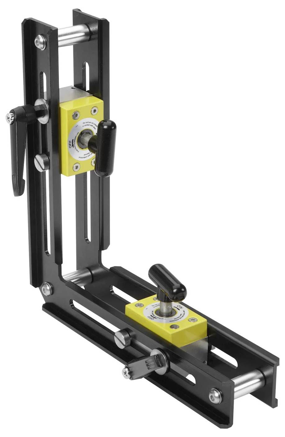 „Ein schwarz-gelbes, verstellbares Positionierungsgerät mit Gleitkomponenten und Hebeln, das zur präzisen räumlichen Ausrichtung in Maschinen verwendet wird.