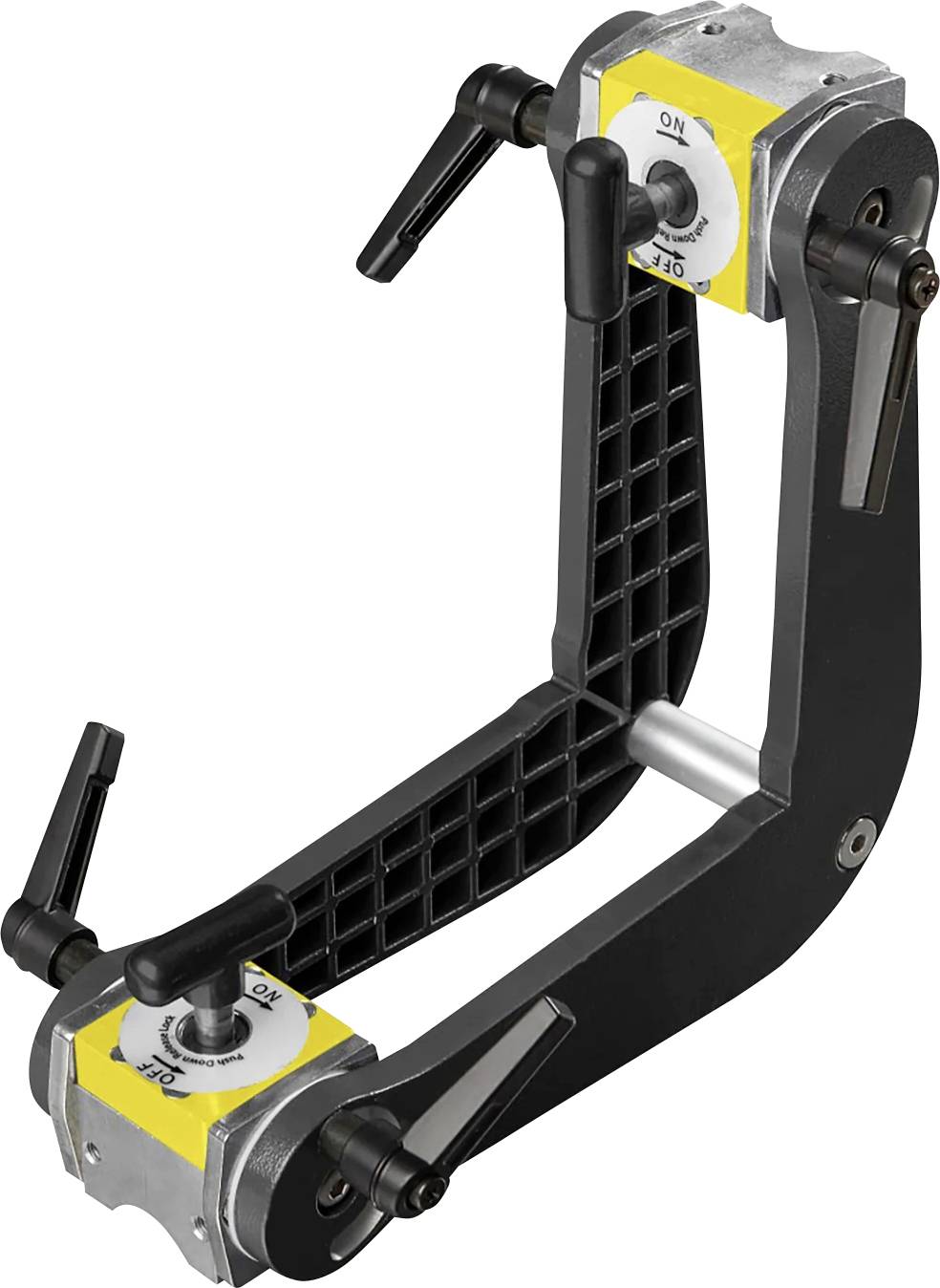 Magnetische V-förmige Schweißklemme mit verstellbaren Armen und Ein-/Aus-Schaltern, entwickelt zum Sichern von Metall während Schweißarbeiten.