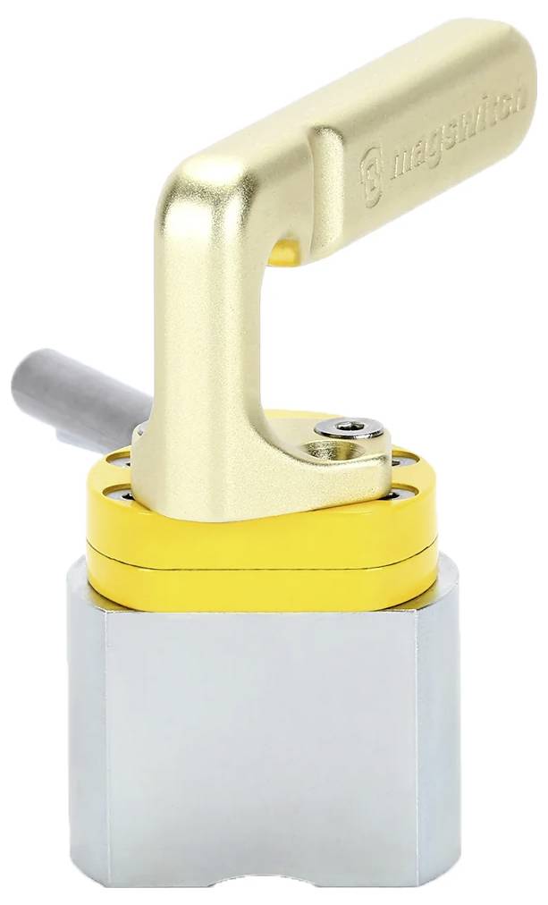 Ein Metallgerät mit goldenem Griff, gelbem Mittelteil und silberner Basis; höchstwahrscheinlich ein magnetisches Werkzeug oder Schaltergriff.