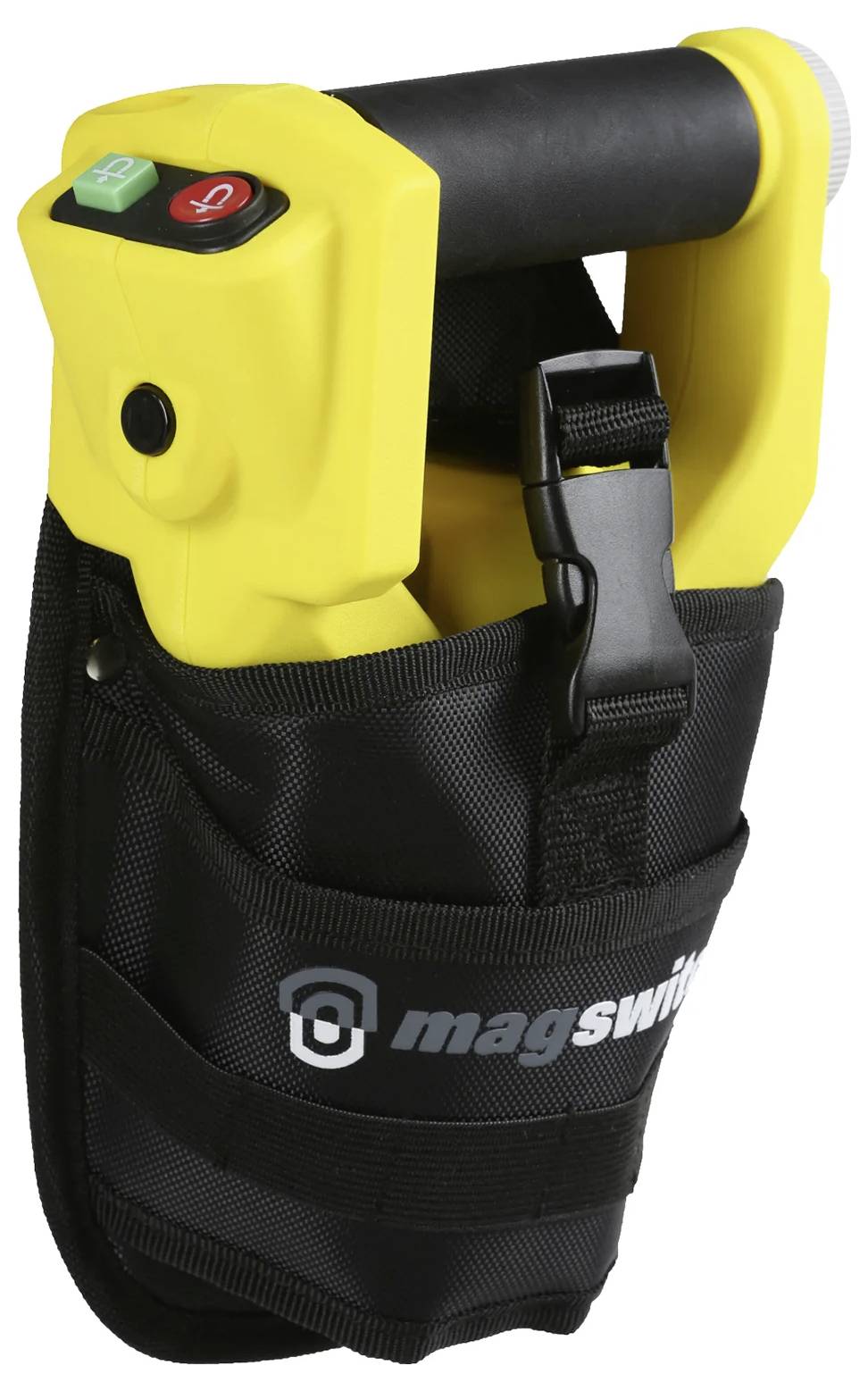 Ein gelber MagSwitch-Werkzeug mit Transportkoffer, ausgestattet mit einem roten Ein-/Aus-Schalter am Griff, entwickelt für bequeme Tragbarkeit und Sicherheit.
