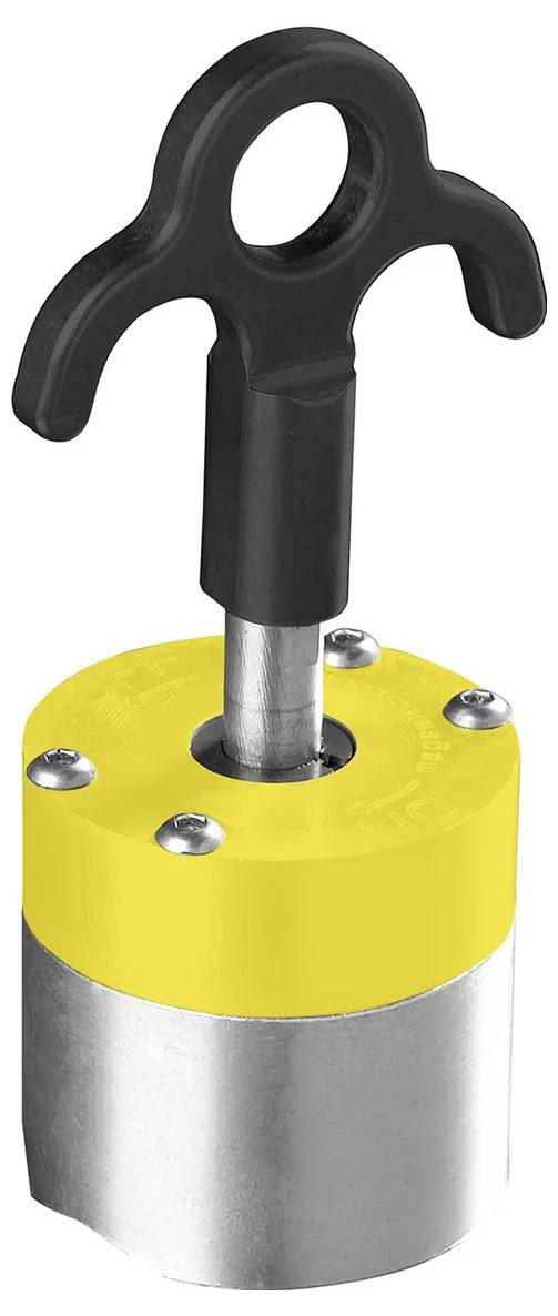 Ein gelb-schwarzer magnetischer Hebetool mit einem Griff zum Anheben schwerer Metallobjekte.