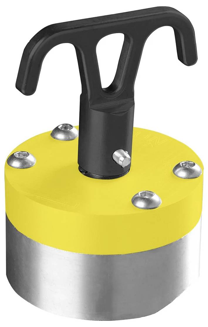 Ein gelbes und silbernes kreisförmiges Werkzeug mit einem T-förmigen schwarzen Griff oben, auf dessen gelber Oberfläche vier silberne Schrauben sichtbar sind.