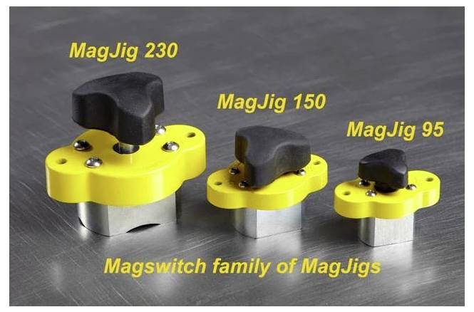 Drei gelbe MagJigs unterschiedlicher Größen (230, 150, 95) auf einer metallischen Oberfläche. Text lautet: 'Magswitch Familie von MagJigs'.