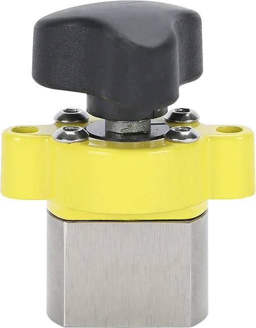 Ein gelber und silberner Industrieventil mit einem schwarzen Griff.