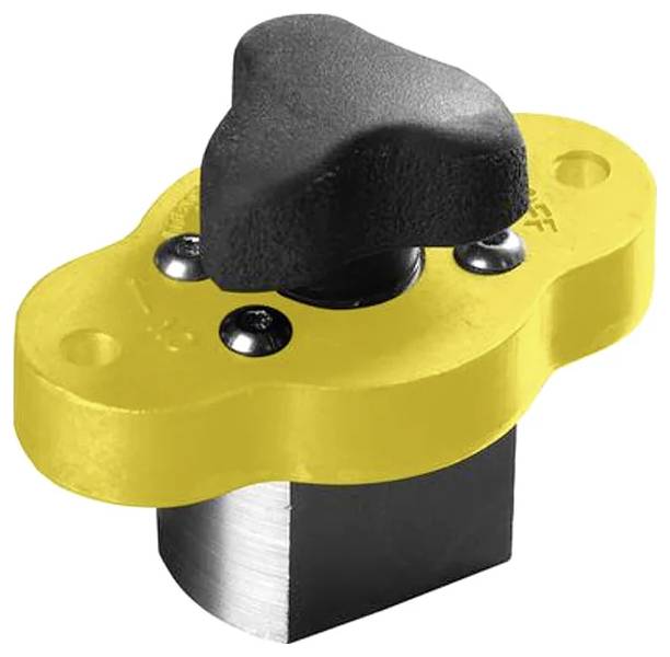 Eine Sicherheitsverriegelung mit einer gelben Basis und einem schwarzen Knopf, die zum Sichern von Ausrüstung oder Maschinen entwickelt wurde.