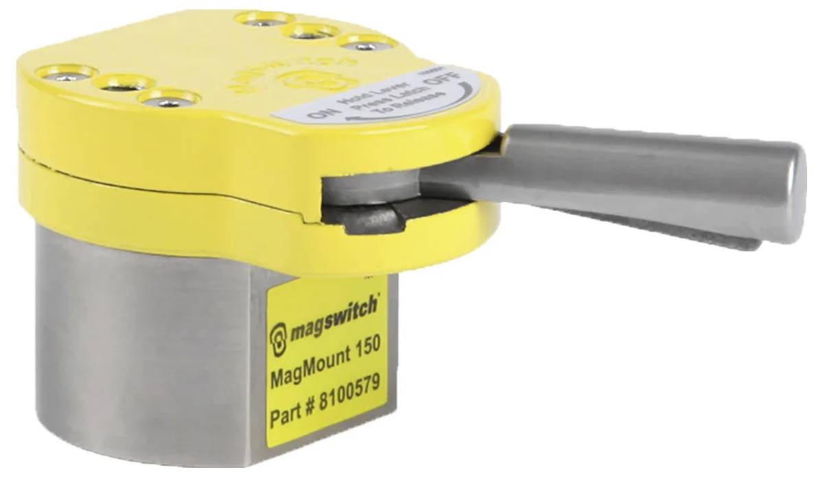 Ein gelb-grauer Magswitch MagMount 150 magnetischer Halter mit einem Griff, der typischerweise zum sicheren Befestigen oder Halten von Metallgegenständen verwendet wird.