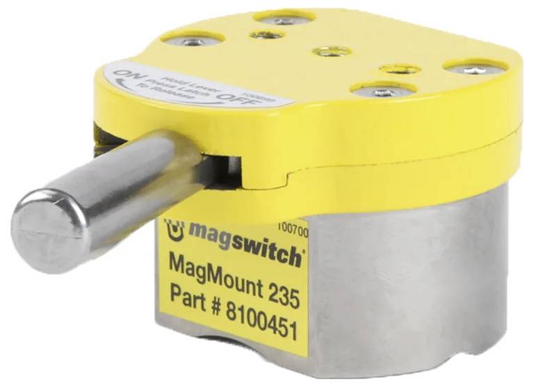 Ein gelber Magswitch MagMount 235 mit einem Hebel an der Seite und einer Beschriftung mit der Aufschrift 