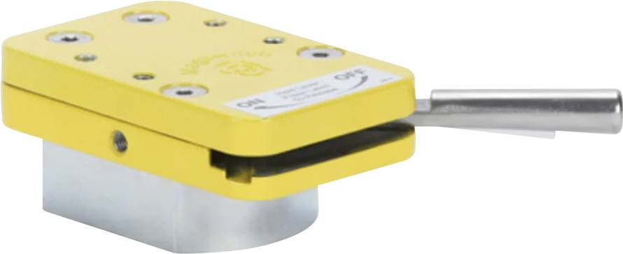 Eine gelbe Spannzwinge mit einem Metallgriff und einer silbernen Basis, die zum Befestigen von Werkstücken in industriellen Anwendungen verwendet wird.