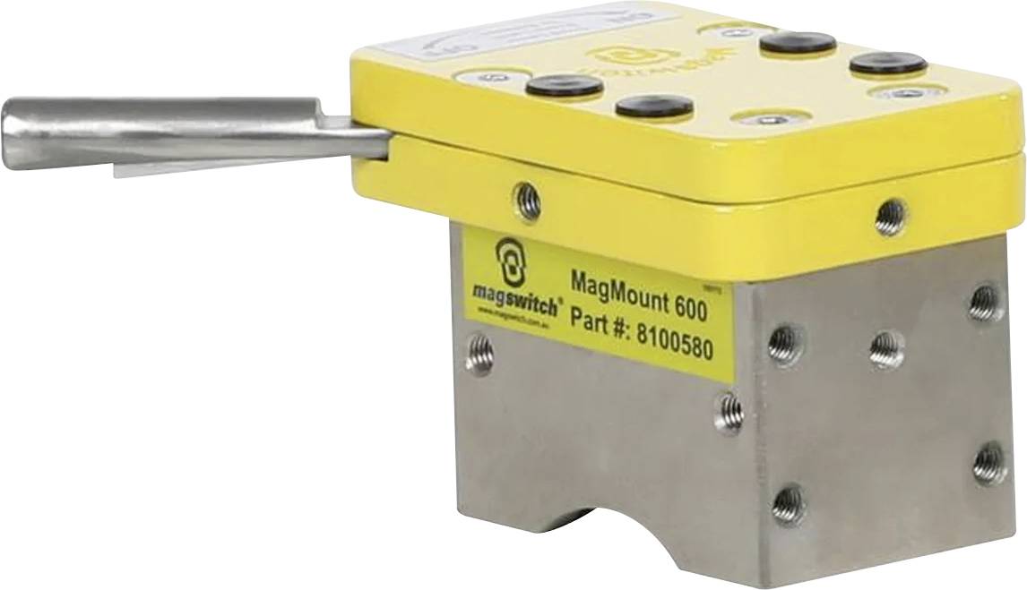 'MagMount 600' industrieller Magnet mit gelber Gehäuse und Metallhebel, verwendet für schwere Hebeanwendungen; Artikelnummer: 8100580.