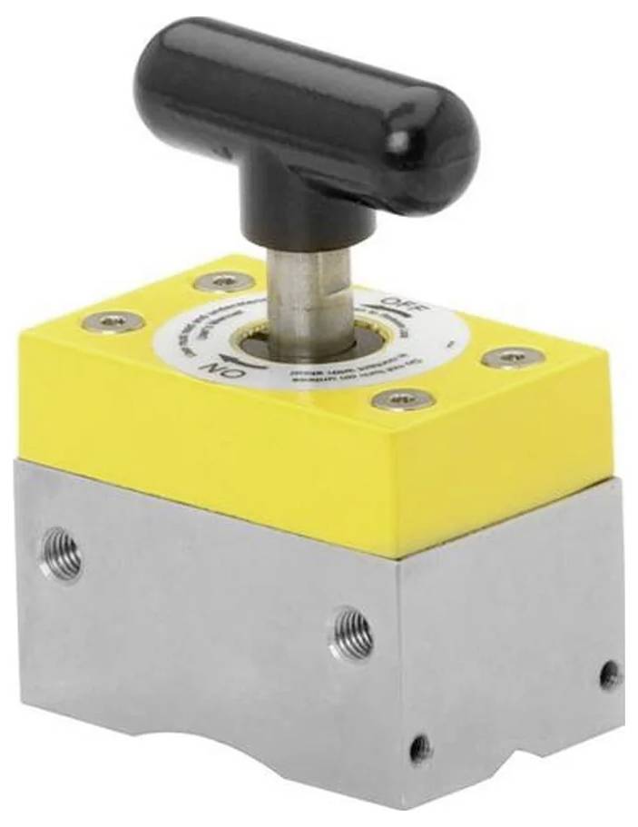 Ein gelber und silberner industrieller Schalter mit einem schwarzen Griff, wahrscheinlich zur Steuerung von Maschinen oder Ausrüstung verwendet.