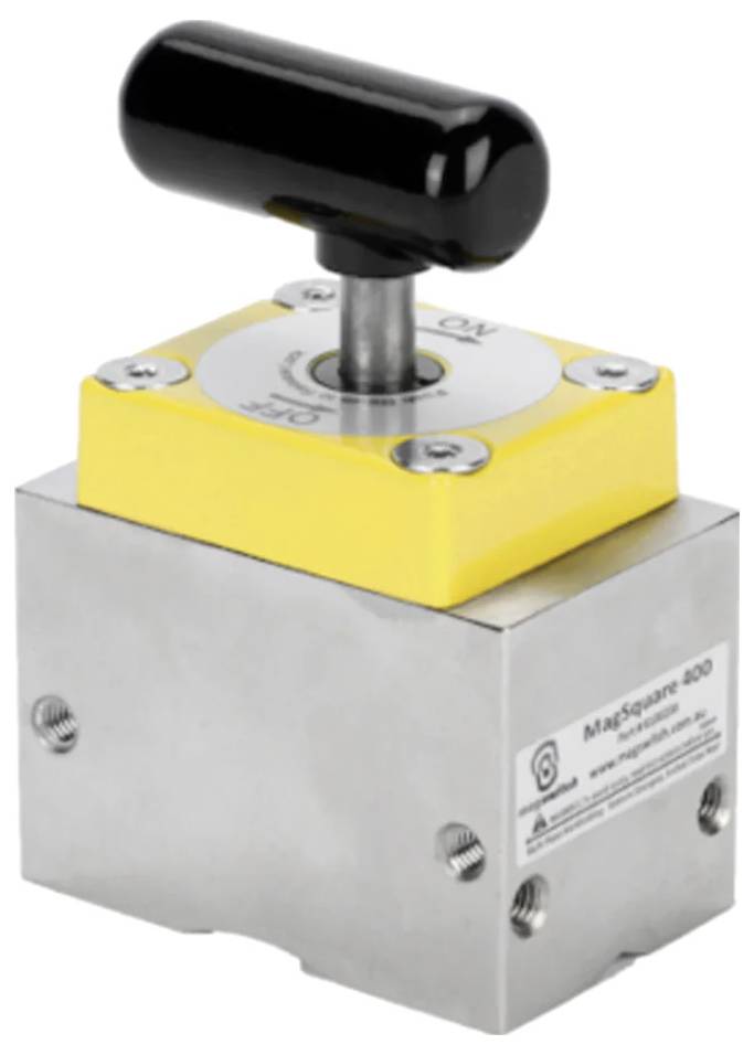 Ein grau-gelber industrieller Schalter mit einem schwarzen T-förmigen Griff, der die Positionen 'EIN' und 'AUS' zeigt.