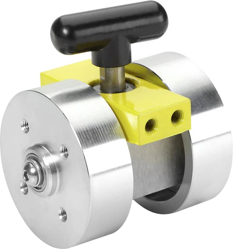 Ein Metall- und Kunststoffventil mit einem zylindrischen Gehäuse und einem gelben Griff, das einen Drehemechanismus zur Fluidsteuerung aufweist.