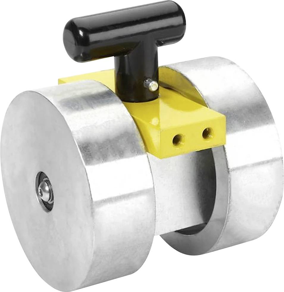 Ein Metallmagnet-Schweißhalter mit einem T-förmigen schwarzen Griff und zylindrischen Magneten, verwendet zum Befestigen von Metallteilen während des Schweißens.