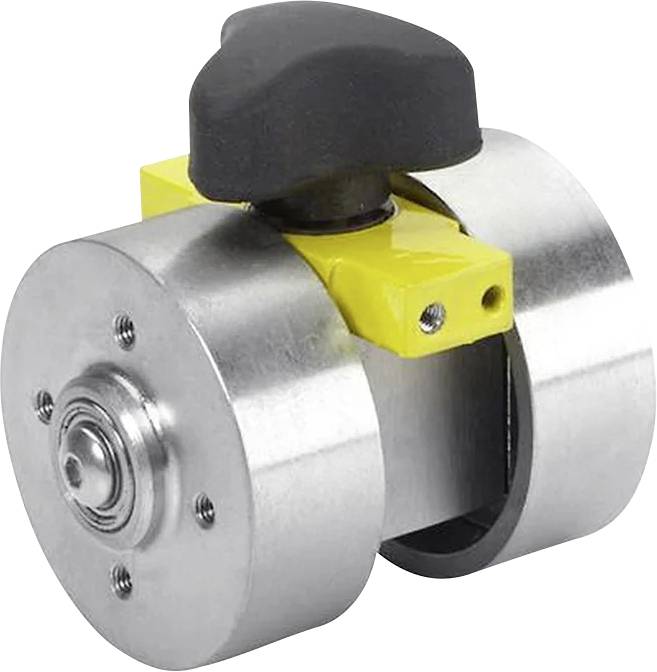 Eine Metallrolleneinheit mit einem gelben zentralen Halterungsträger und einem schwarzen Knopf oben, konzipiert zum Abstützen oder Bewegen mechanischer Komponenten.