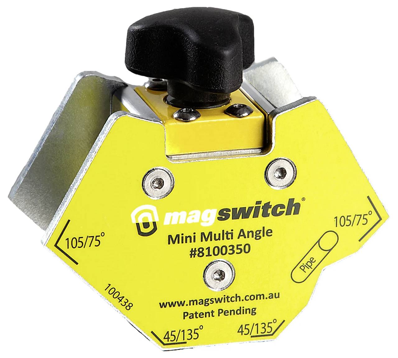 Gelber Magswitch Mini Multi-Winkel-Werkzeug (#8100350) mit beschrifteten Winkeln. Für Metallarbeiten geeignet, ermöglicht präzise Positionierung.