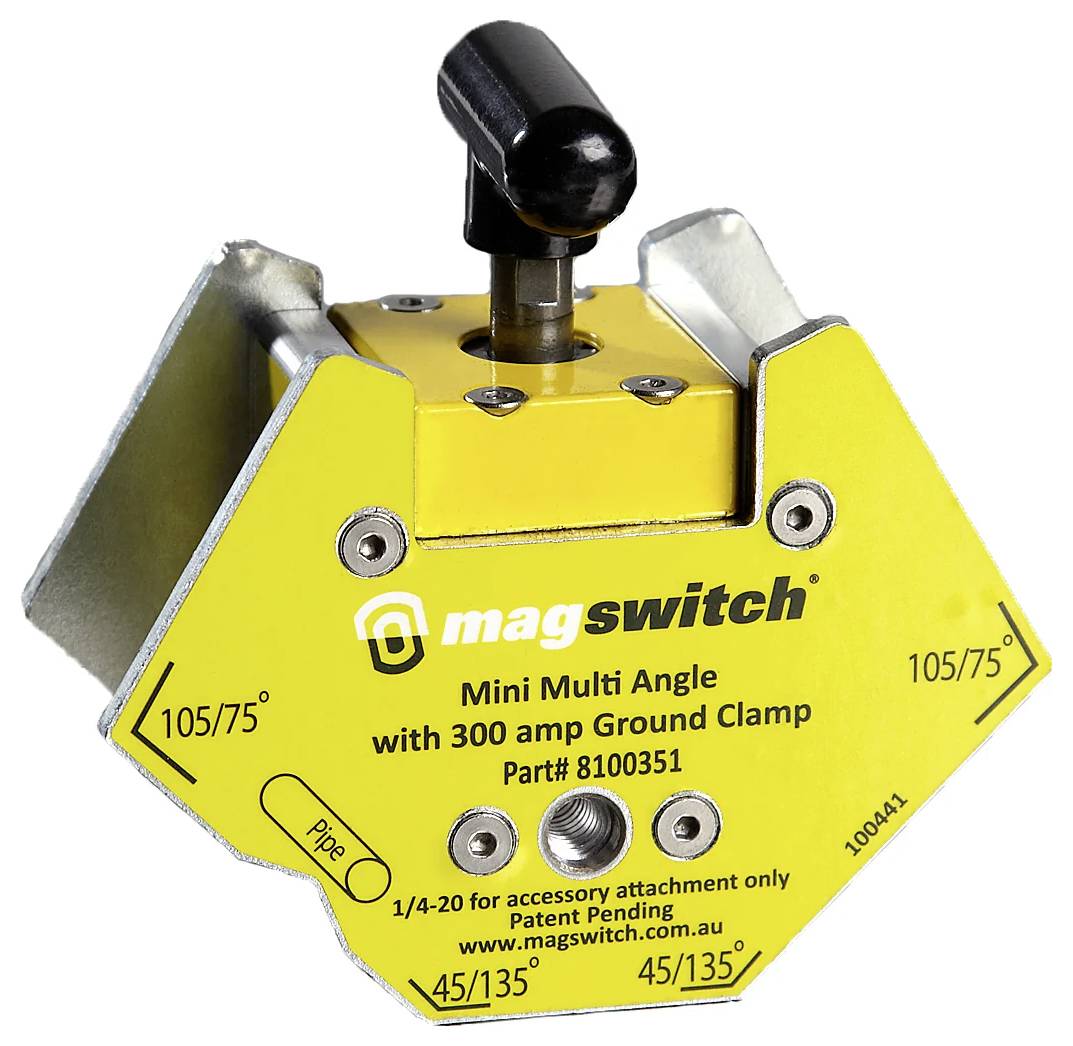 'Magswitch Mini Multi Winkel' gelbes magnetisches Schweißwinkelwerkzeug zur präzisen Positionierung von Metall, mit verstellbaren Klammern und Winkelmarkierungen.