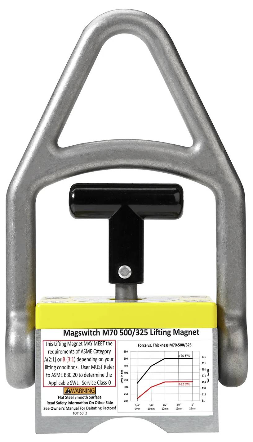 'Magswitch M70 500/325 Hebemagnet' mit Griff, gelbes Etikett mit Tragfähigkeitsangabe und Diagramm zur Darstellung der Kraft in Abhängigkeit von der Dicke.