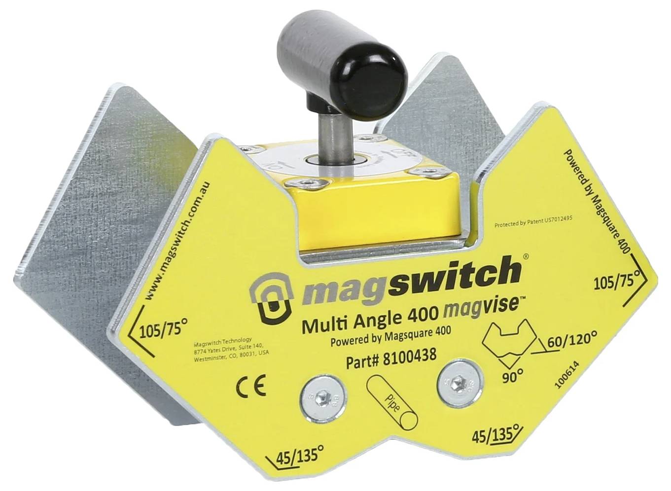 Werkzeug 'Multi Angle 400 Magswitch' mit gelber Außenhülle, versehbar mit einstellbaren Winkeln und einem Griff oben.