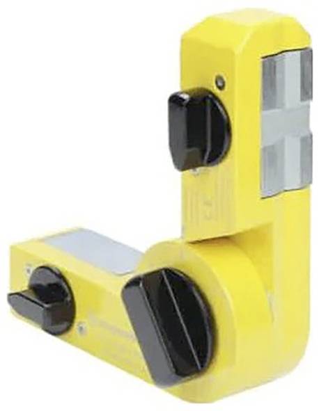 Eine gelbe magnetische Schweißklemme mit verstellbaren Knöpfen und reflektierenden Platten, entwickelt zum rechtwinkligen Halten von Metallstücken während des Schweißens.