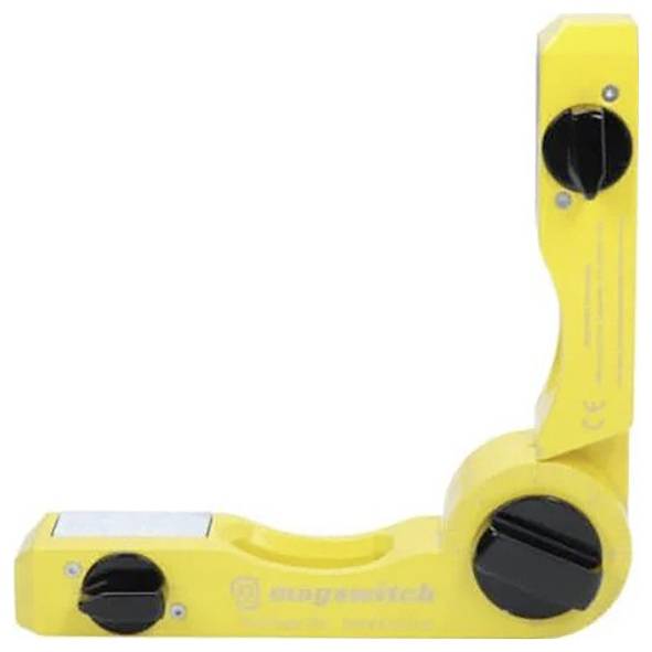 Eine gelbe magnetische Schweißvorrichtung zum Halten von Metallteilen in einem 90-Grad-Winkel.