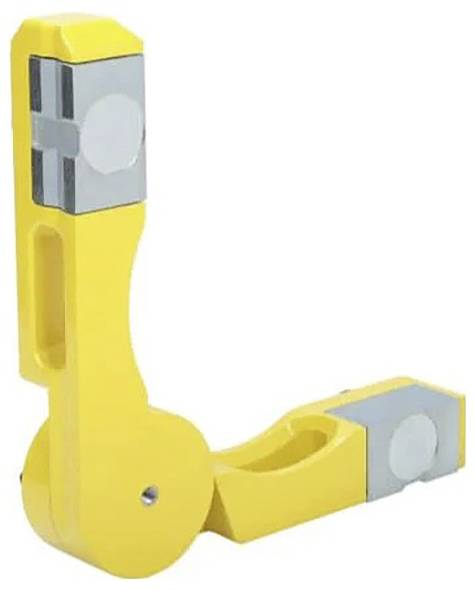 Ein heller gelber, L-förmiger magnetischer Schweißhalter mit silbernen kreisförmigen Magneten an den Enden. Wird zur Befestigung von Metallteilen in einem 90-Grad-Winkel verwendet.