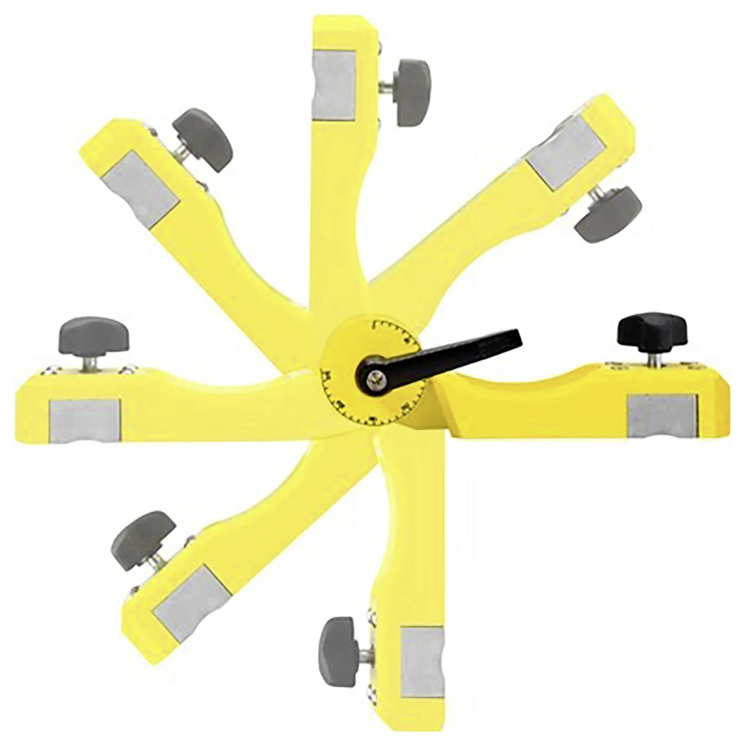 Ein gelbes verstellbares Werkzeug mit sechs rotierenden Armen, die jeweils in einer Klemme mit einem schwarzen Knopf enden, das zum Befestigen oder Positionieren von Objekten verwendet wird.