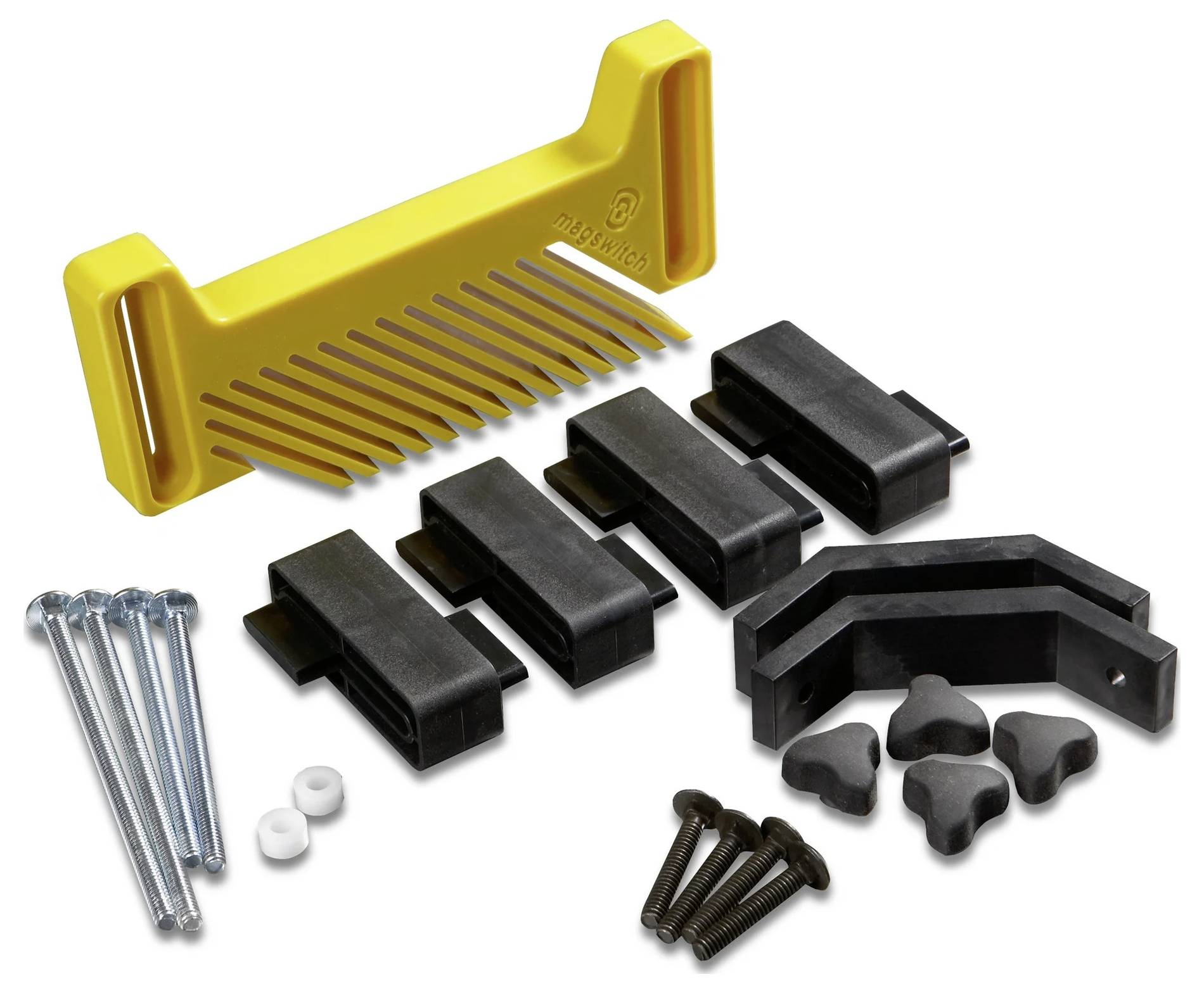 Federbrett-Set mit einem gelben Kunststoff-Kamm-Führungselement, schwarzen Montagehalterungen, Gummidistanzstücken und verschiedenen Schrauben für Holzbearbeitungszwecke.
