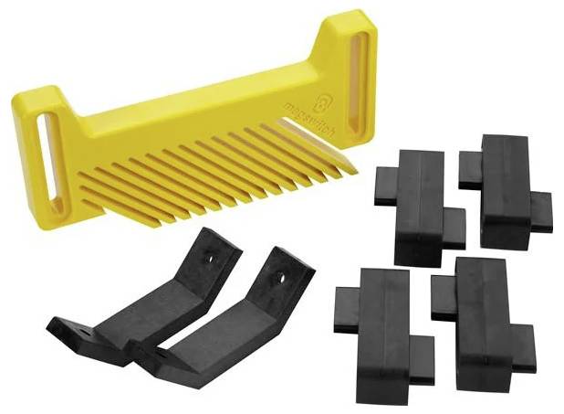 Sicherheitsanleitung für das 'Featherboard' mit gelber Kamm- und schwarzer Befestigungsvorrichtung für präzises Holzarbeiten; verbessert Sicherheit und Genauigkeit.