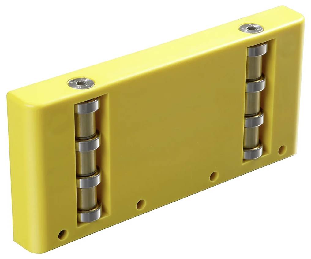 Gelber Plastik-Rechteckgerät mit Metallzylindern, möglicherweise ein Sensor oder eine elektronische Komponente.