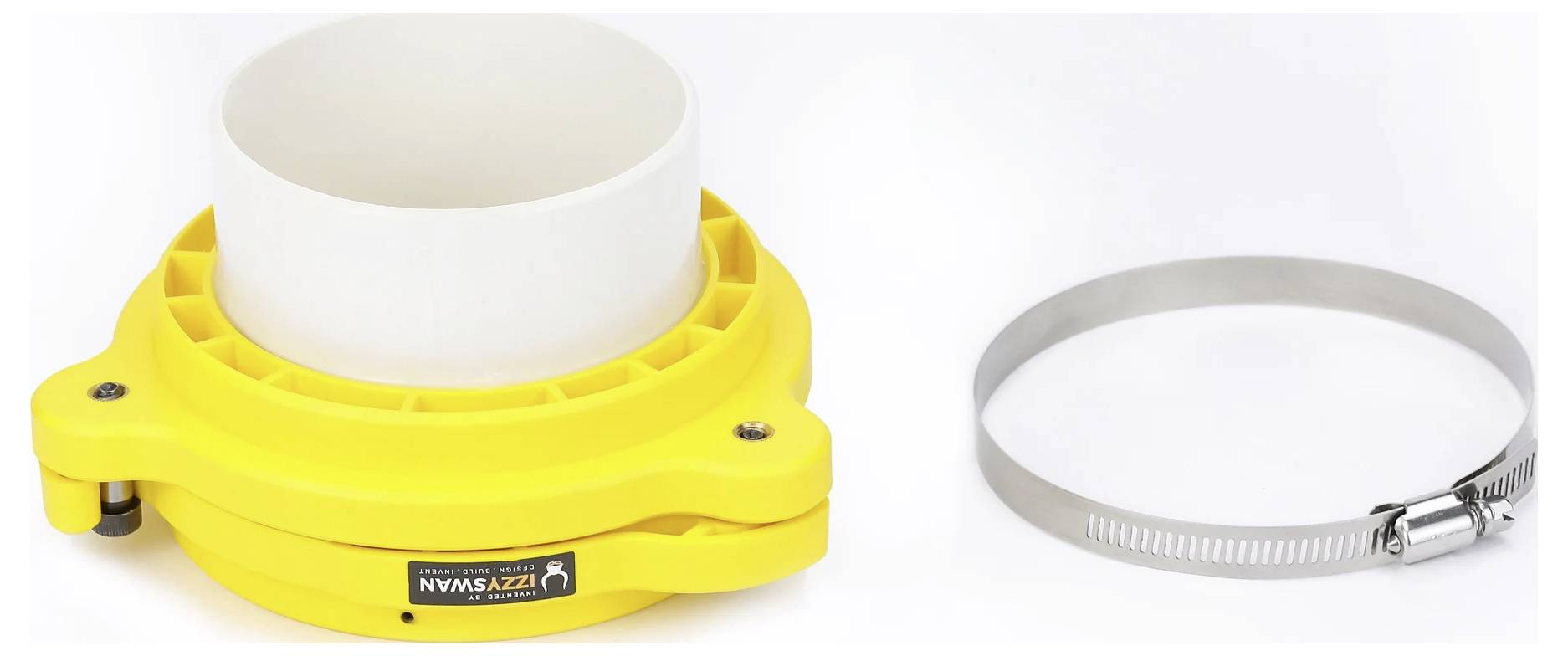 Eine gelbe Kartuschenheizerhalterung mit einem weißen zylindrischen Innenraum, versehen mit einer Metallklemme, konzipiert für eine sichere Befestigung.