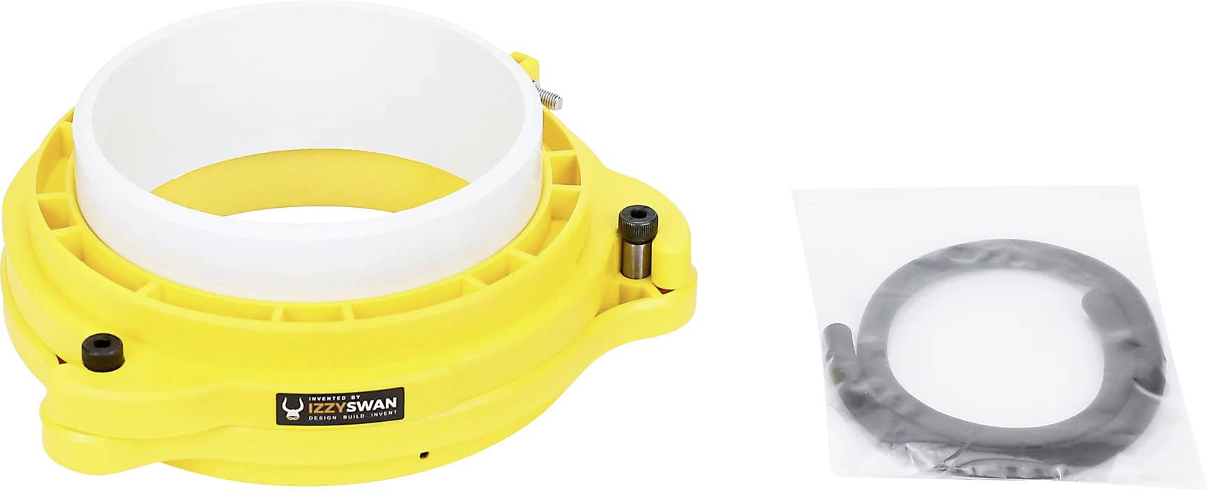 Ein gelber Router-Chip-Abweiser mit Befestigungsmaterial, der von der Seite gezeigt wird.