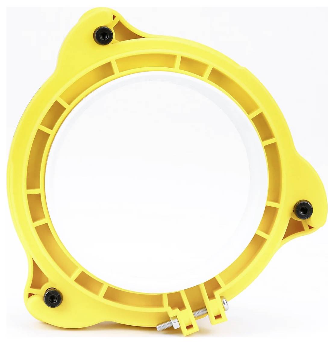 Ein gelbes mechanisches Teil mit einer kreisförmigen Öffnung, das drei schwarze Schrauben und einen weißen Mittelpunkt aufweist, das zur Montage oder als strukturelle Stütze verwendet wird.