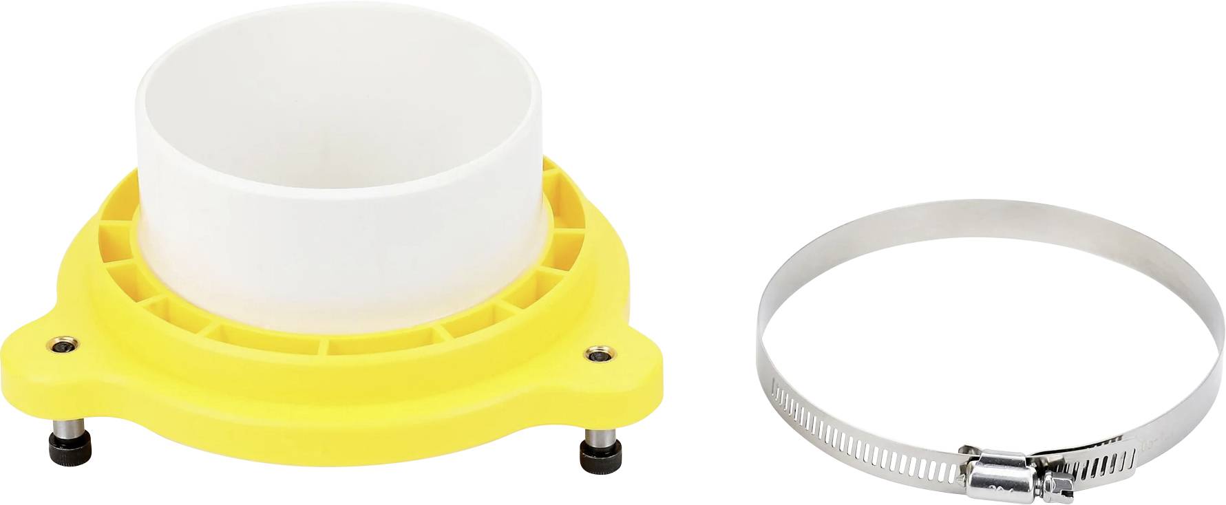 Eine Kunststoffanschlussscheibe und eine Metallschlauchschelle zur Befestigung an einem Absaugsystem.