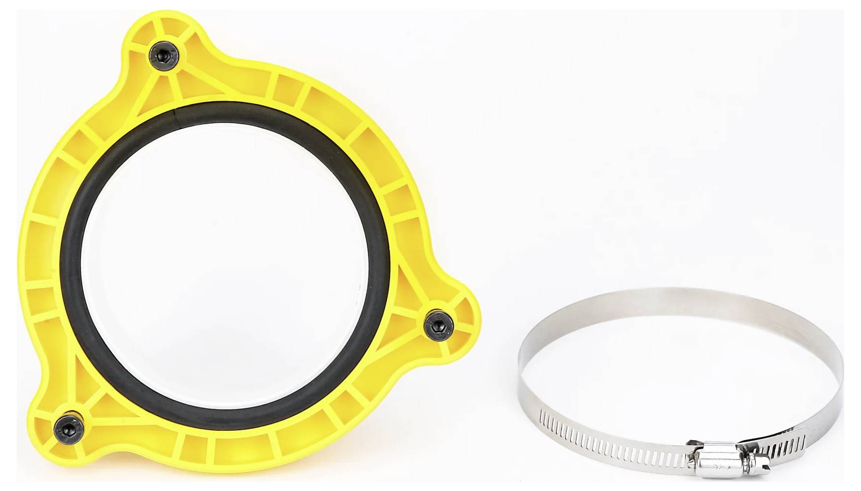 Eine gelbe, runde Kunststoffklemme und eine Metallschlauchklemme werden vor einem weißen Hintergrund platziert und zeigen verschiedene Befestigungswerkzeuge.