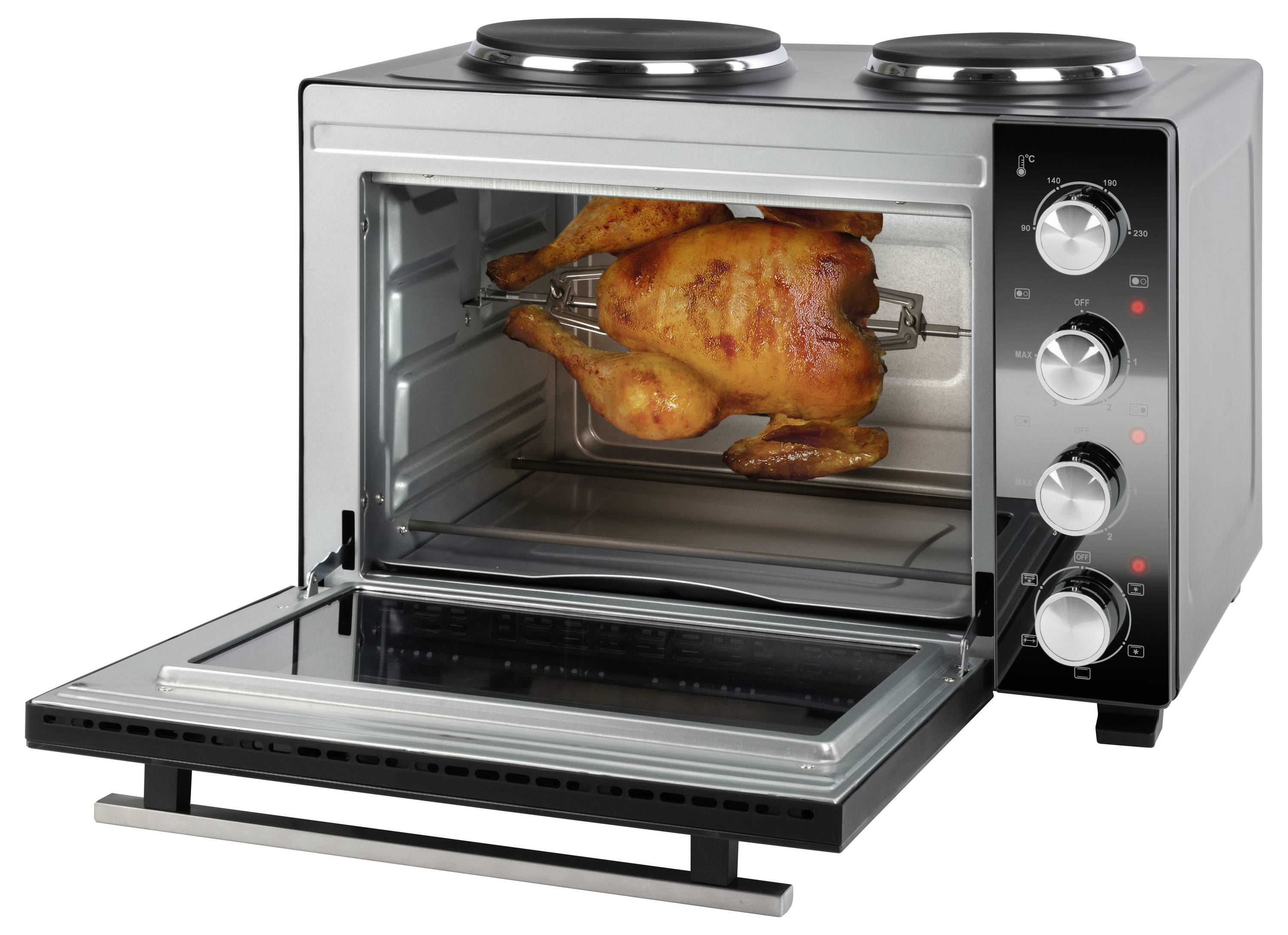 Profi Cook PC-KK 1302 Minibackofen inkl. Herdplatten, Sichtfenster, stufenloser Temperaturregler, Umluft-Funktion, mit Grillspieß
