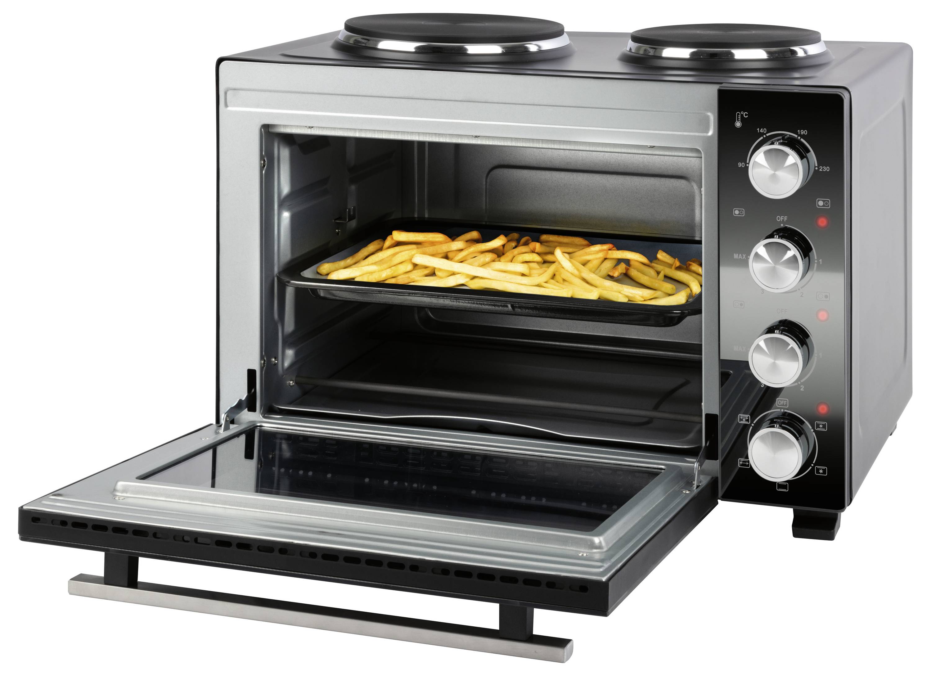 Profi Cook PC-KK 1302 Minibackofen inkl. Herdplatten, Sichtfenster, stufenloser Temperaturregler, Umluft-Funktion, mit Grillspieß