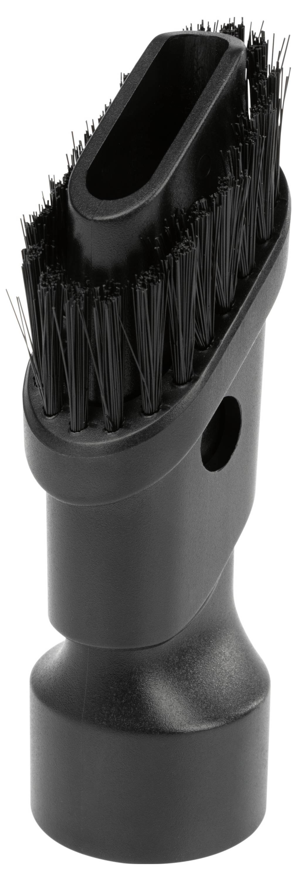 Ein schwarzer Saugrohraufsatz eines Staubsaugers mit Borsten um eine ovale Öffnung, der zum Reinigen von Oberflächen und Ecken verwendet wird.