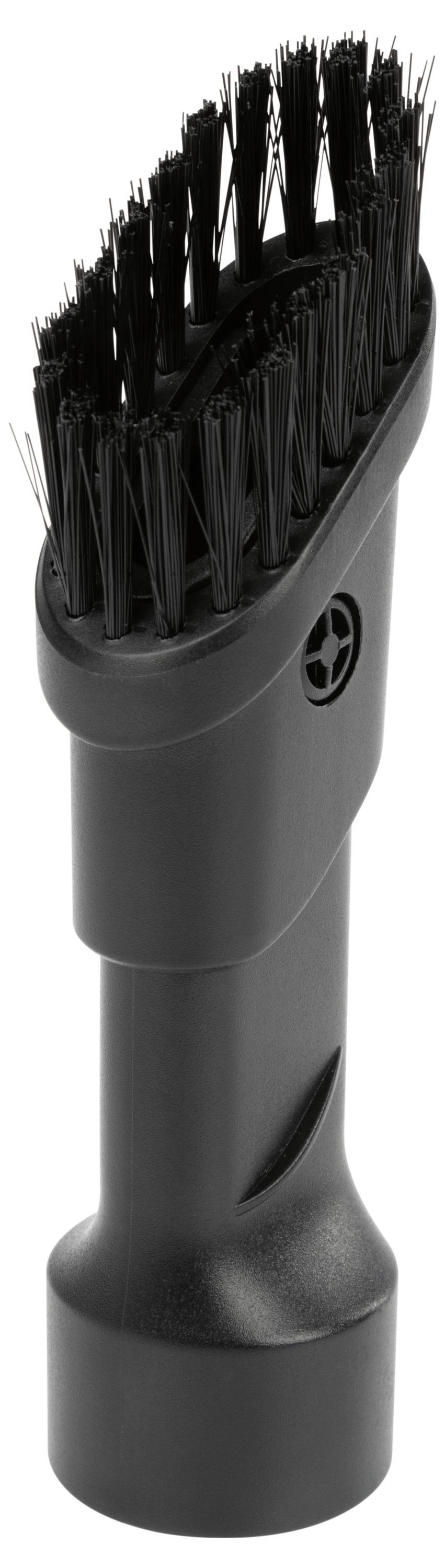 Eine schwarze Staubsaugerbürste mit Borsten, die für die Reinigung von Oberflächen wie Polstern oder Autoinnenräumen entwickelt wurde.