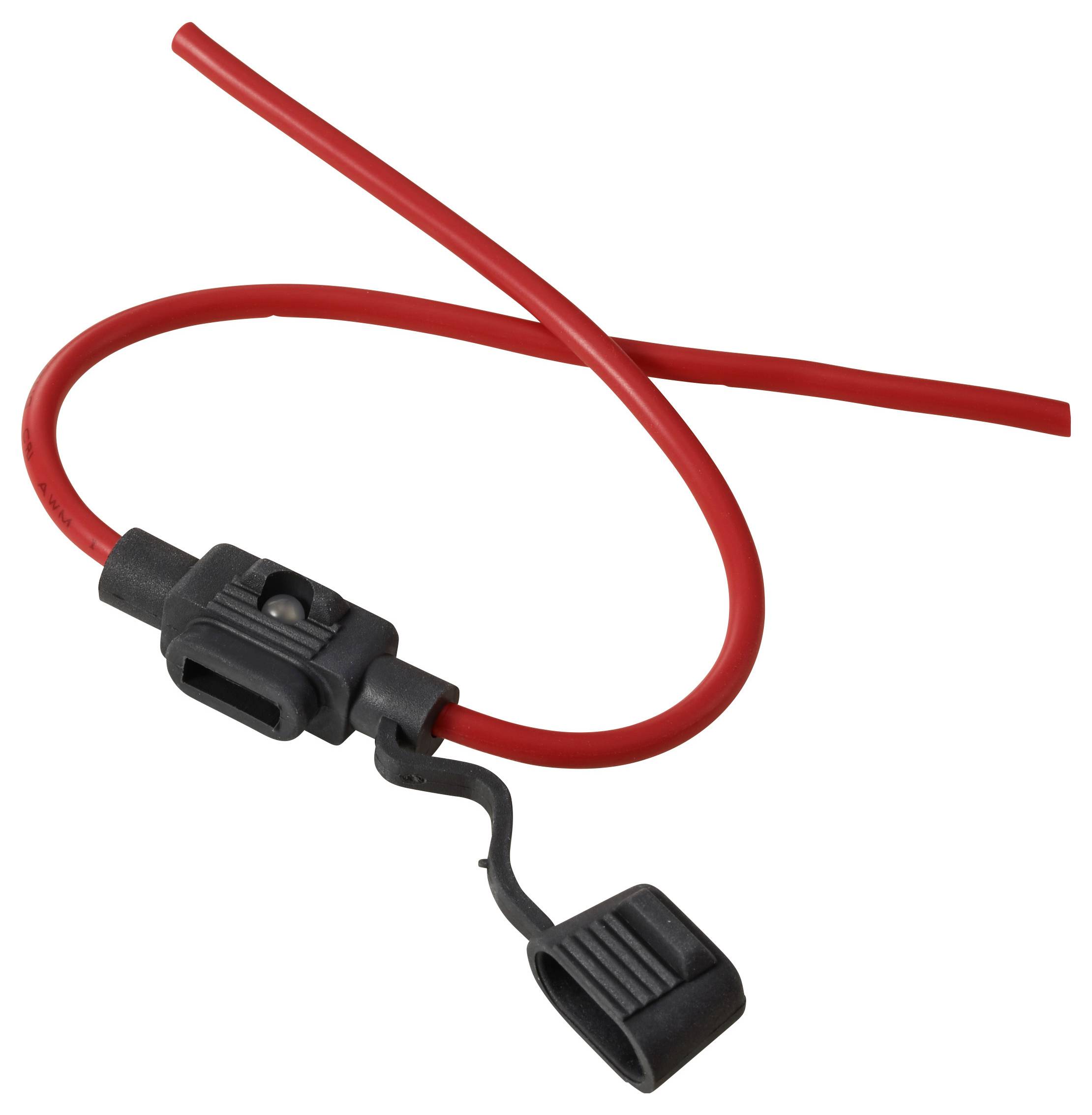 Ein roter Sicherungshalter mit Schutzkappe, verwendet zum Aufnehmen von Sicherungen in elektrischen Schaltkreisen zur Verhinderung von Überstrom.