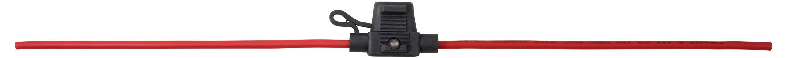 Ein roter Draht mit einem schwarzen Klemmanschluss, horizontal positioniert.
