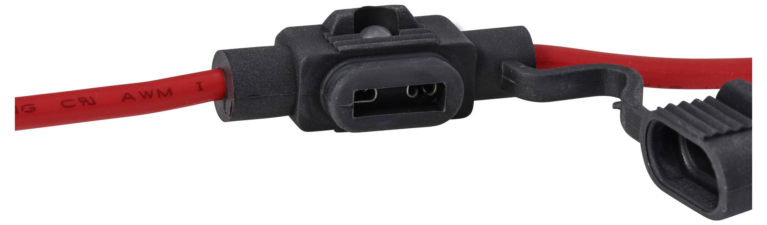 Nahaufnahme eines schwarzen Sicherungshalters für Reihensicherungen, der mit einem roten Kabel verbunden ist und seine beiden Metallanschlüsse zeigt.