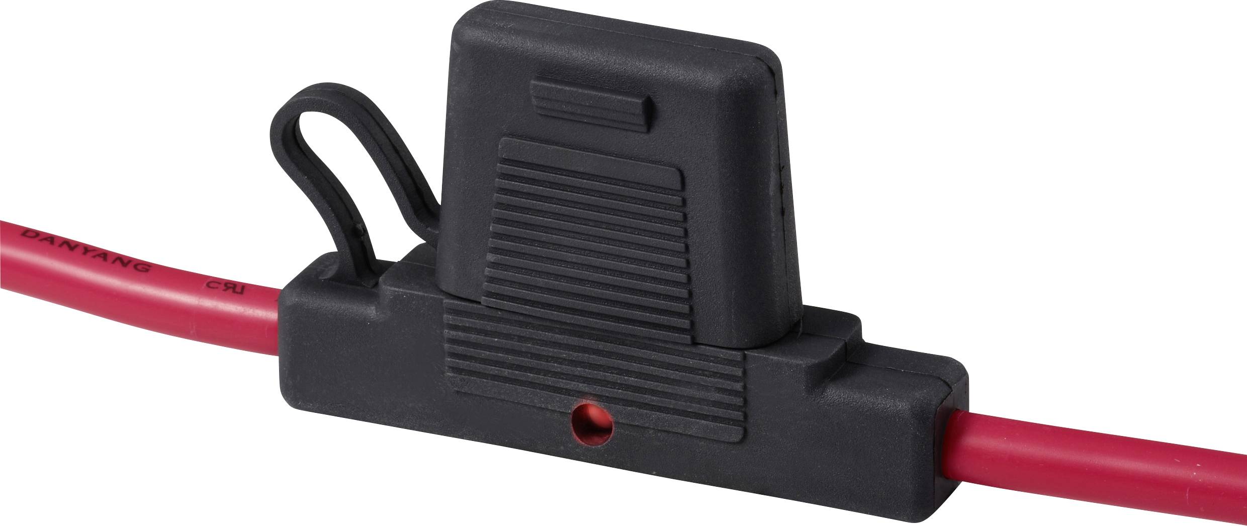 Ein schwarzer Sicherungshalter mit Inline-Bauweise, an dem an jedem Ende ein roter Kabel befestigt ist, ausgestattet mit einem geschlossenen Deckel und einer Schlaufenriemen zur Befestigung.