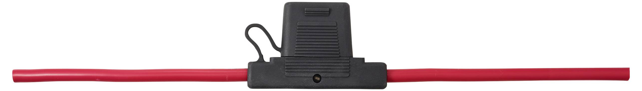 Ein Sicherungshalter mit schwarzer Abdeckung ist an einem roten Kabel befestigt, geeignet für automotive oder elektrische Anwendungen.