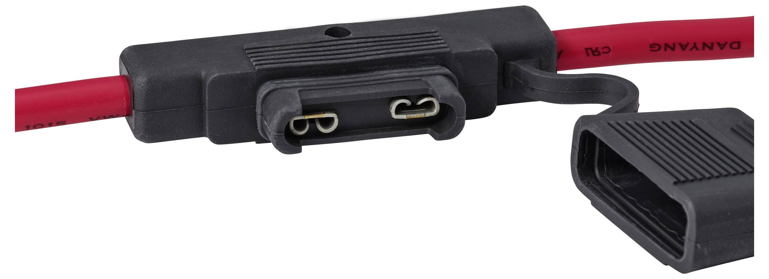 Eine Nahaufnahme eines roten Kabels mit einem schwarzen, zweipinigen Stecker.