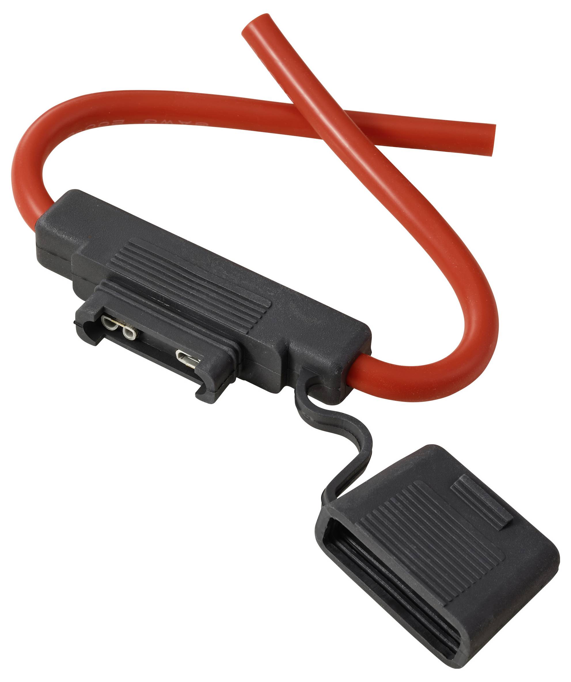 Ein rotes elektrisches Kabel mit einem schwarzen Sicherungshalter, dargestellt mit geöffnetem Deckel, wodurch die metallischen Kontakte im Inneren sichtbar sind.
