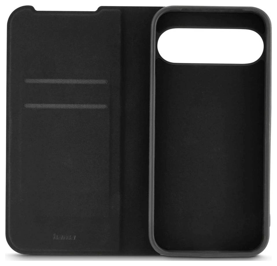 Eine schwarze Handyhülle mit Klappmechanismus. Die linke Seite verfügt über zwei Kartenfächer; die rechte Seite weist Aussparungen für Kamera und Tasten auf.