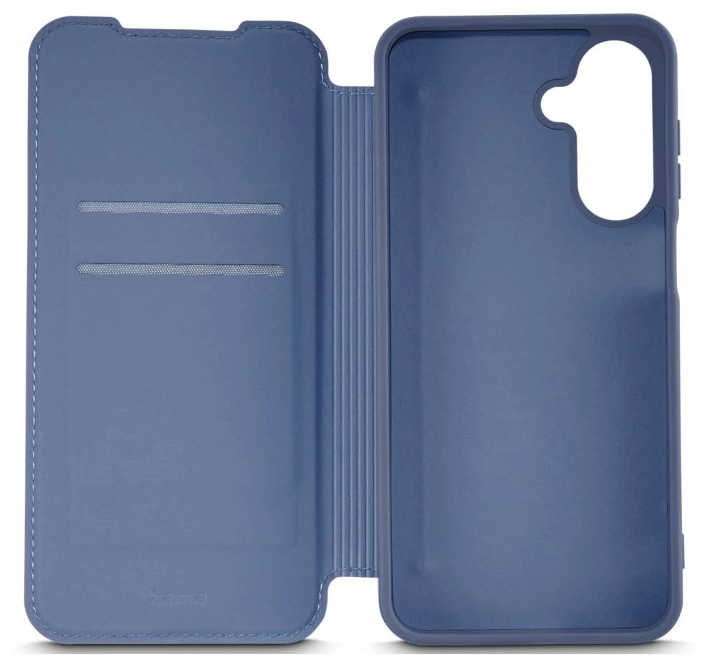 Eine blaue Handyhülle mit Klapphülle, Kartenfächern auf der linken Seite und einer Aussparung für die Kamera auf der rechten Seite.