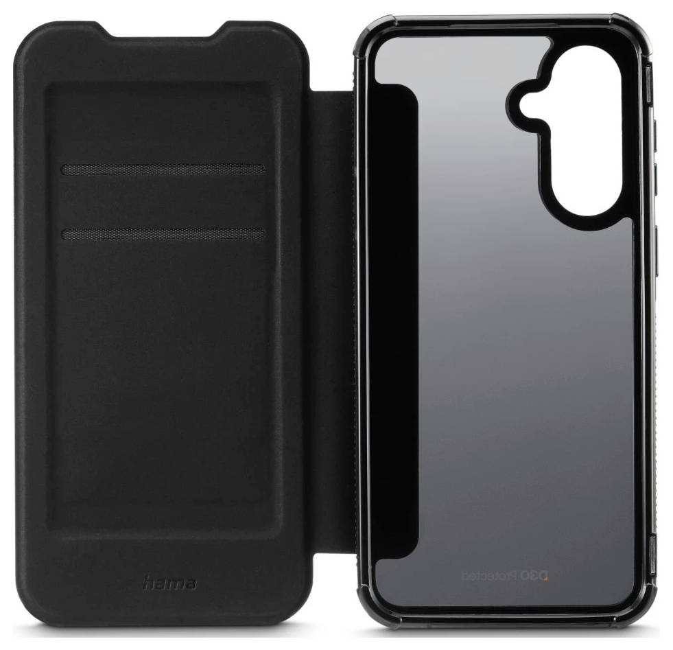 Ein schwarzes Smartphone-Gehäuse mit einer klappbaren Abdeckung und transparenter Rückseite ist geöffnet und zeigt Kartenfächer.