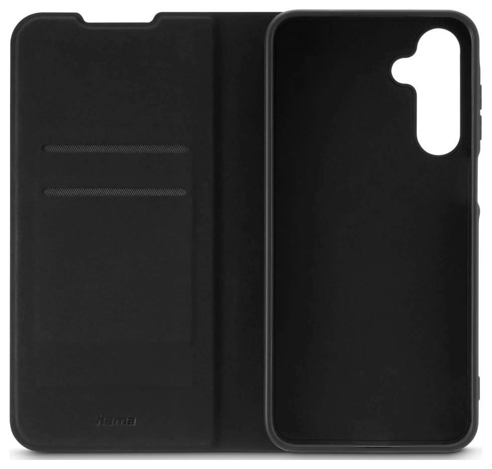 Eine schwarze Smartphone-Hülle mit einer aufklappbaren Abdeckung, mit zwei Kartenfächern im Inneren und einer Aussparung für die Kamera auf der Rückseite.